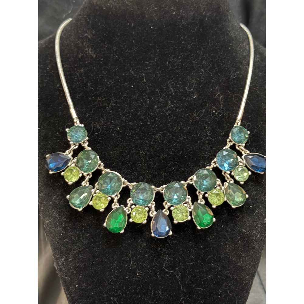 Nine West Silver Tone Green Blue Teal Crystal Bib Statement Necklace Snake Chain
